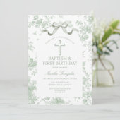 Green Toile de Jouy Baptism & First Birthday Bow 招待状 (スタンド正面)