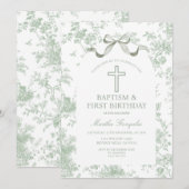 Green Toile de Jouy Baptism & First Birthday Bow 招待状 (正面/裏面)