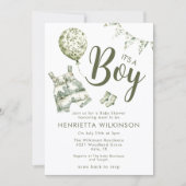 Green Toile de Jouy Boy Baby Shower Invitation 招待状 (正面)