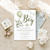 Green Toile de Jouy Boy Baby Shower Invitation 招待状