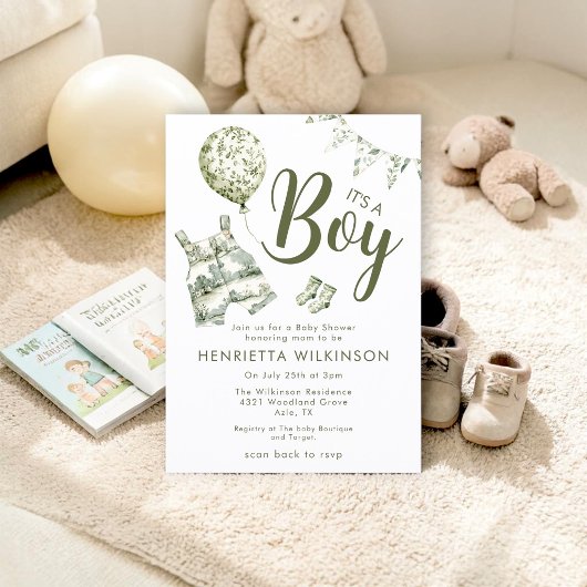 Green Toile de Jouy Boy Baby Shower Invitation 招待状