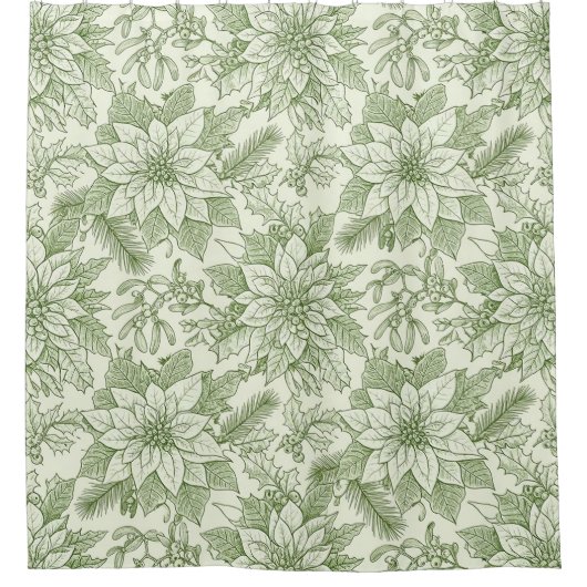Green Toile Poinsettia Christmas Pattern (1) シャワーカーテン (正面)