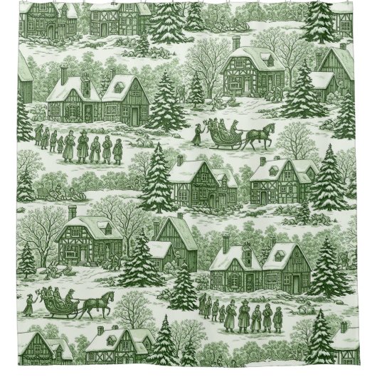 Green Toile Vintage Christmas Village Pattern シャワーカーテン (正面)