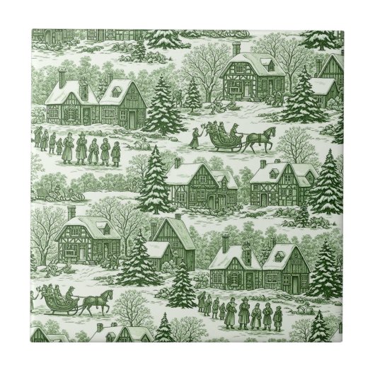 Green Toile Vintage Christmas Village Pattern タイル (正面)