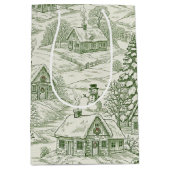 Green Toile Vintage Christmas Village Pattern (3) ミディアムペーパーバッグ (正面)