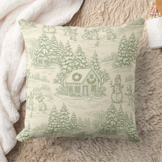 Green Toile Vintage Christmas Village Pattern (5) クッション (ブランケット)