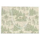 Green Toile Vintage Christmas Village Pattern (5) ラージペーパーバッグ (裏面)