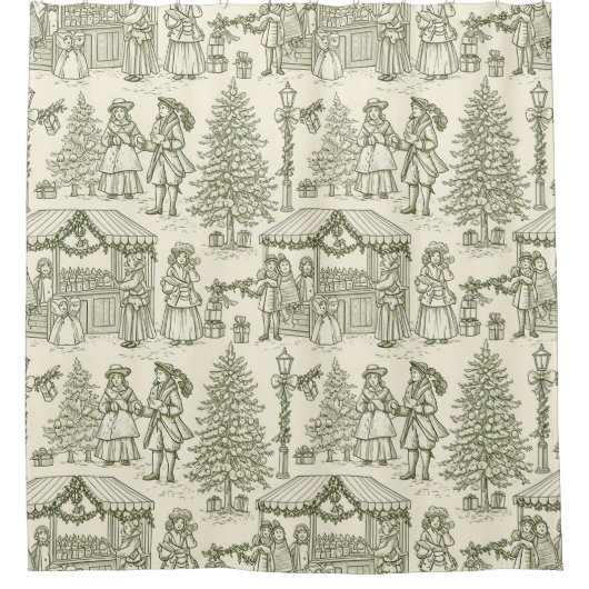 Green Toile Vintage Christmas Village Scene シャワーカーテン (正面)
