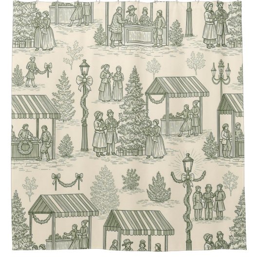 Green Toile Vintage Christmas Village Scene (2) シャワーカーテン (正面)