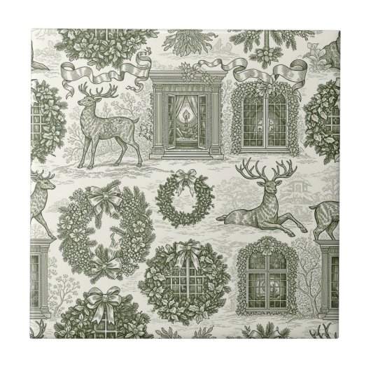 Green Toile Woodland Deer Christmas Pattern タイル (正面)