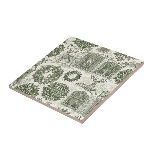 Green Toile Woodland Deer Christmas Pattern タイル (側面)