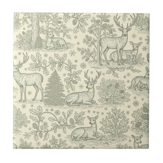 Green Toile Woodland Deer Christmas Pattern (2) タイル (正面)