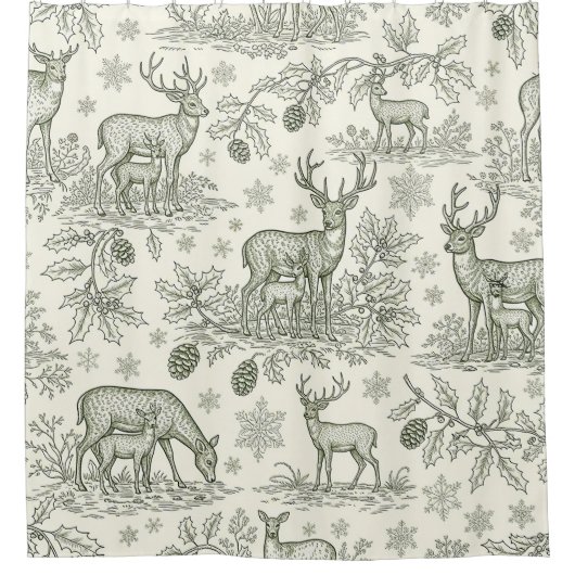 Green Toile Woodland Deer Christmas Pattern (3) シャワーカーテン (正面)
