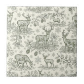 Green Toile Woodland Deer Christmas Pattern (3) タイル (正面)