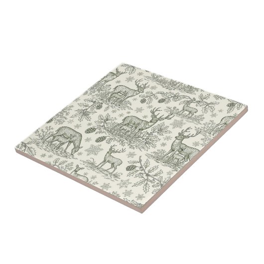 Green Toile Woodland Deer Christmas Pattern (3) タイル (側面)