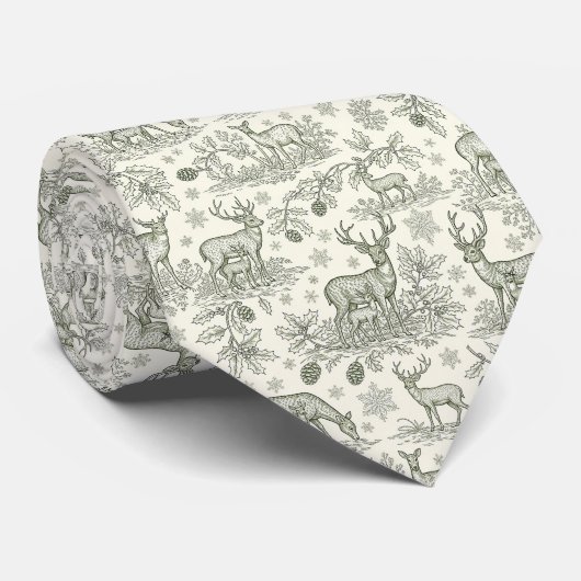 Green Toile Woodland Deer Christmas Pattern (3) ネクタイ (ロール)