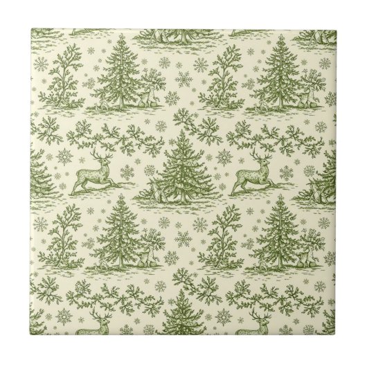 Green Toile Woodland Deer Christmas Pattern (4) タイル (正面)