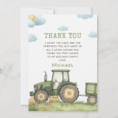 Green Tractor 1st Birthday Party Thank You Card 招待状 (正面)