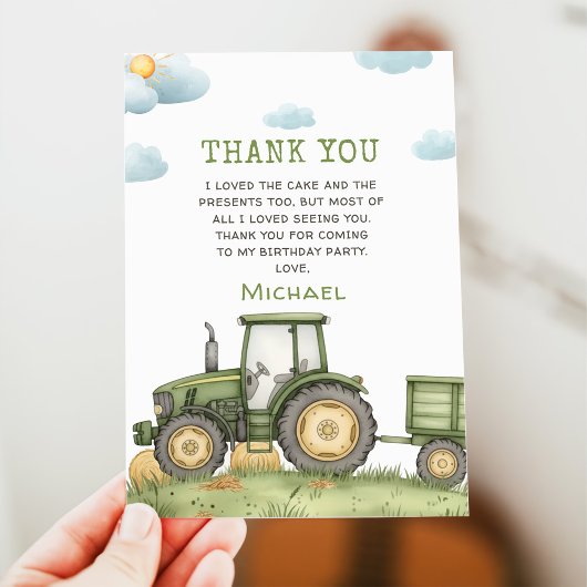Green Tractor 1st Birthday Party Thank You Card 招待状