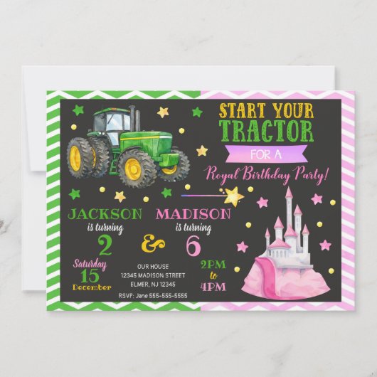 Green Tractor and Princess Joint Birthday 招待状 (正面)