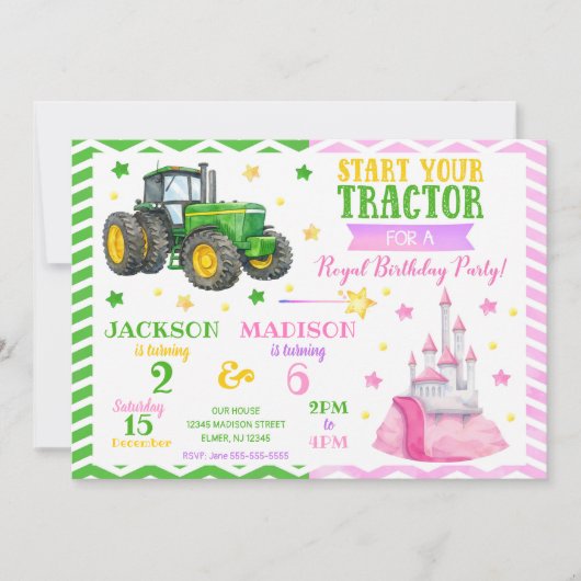 Green Tractor and Princess Joint Birthday 招待状 (正面)