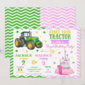 Green Tractor and Princess Joint Birthday 招待状 (正面/裏面)
