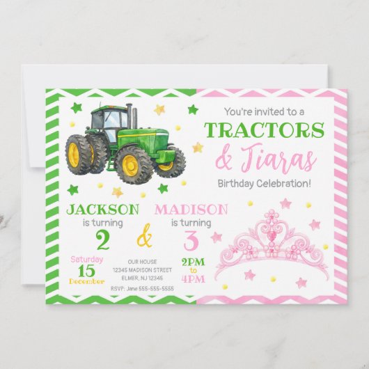 Green Tractor and Princess Joint Birthday 招待状 (正面)
