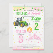 Green Tractor and Princess Siblings Joint Birthday 招待状 (正面)