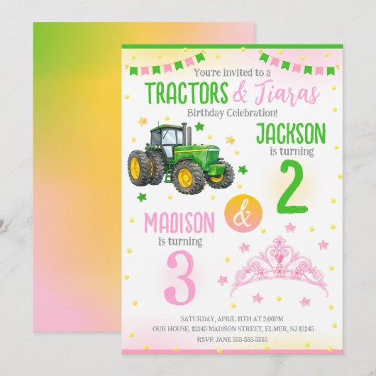 Green Tractor and Princess Siblings Joint Birthday 招待状 (正面/裏面)