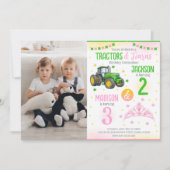 Green Tractor and Princess Siblings Joint Birthday 招待状 (正面)