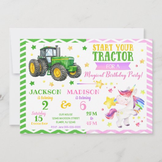 Green Tractor and Unicorn Joint Birthday 招待状 (正面)