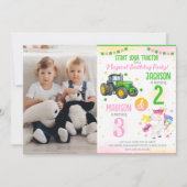 Green Tractor and Unicorn Siblings Joint Birthday 招待状 (正面)