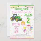 Green Tractor and Unicorn Siblings Joint Birthday 招待状 (正面)
