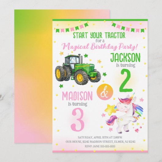 Green Tractor and Unicorn Siblings Joint Birthday 招待状 (正面/裏面)