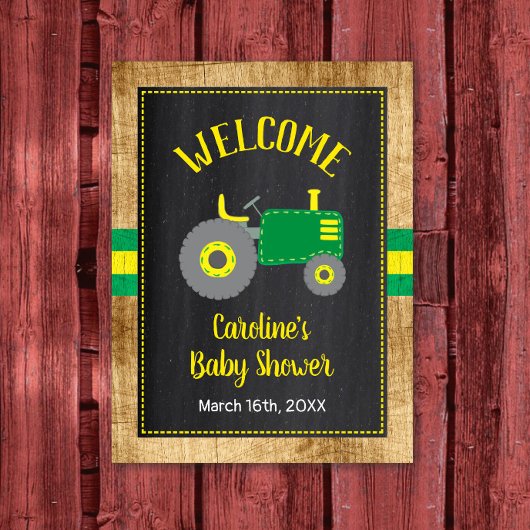 Green Tractor Baby Shower Welcome Sign Decor ポスター