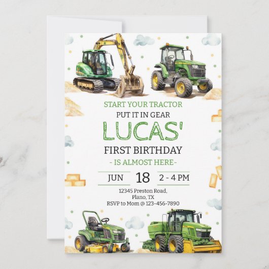 Green Tractor Birthday Party 招待状 (正面)