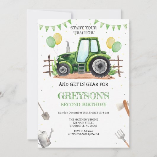 Green Tractor Boy Birthday Invitation 招待状 (正面)