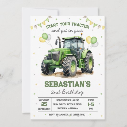 Green Tractor Boy Birthday Invitation 招待状 (正面)