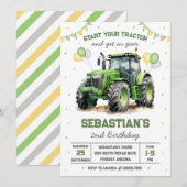 Green Tractor Boy Birthday Invitation 招待状 (正面/裏面)