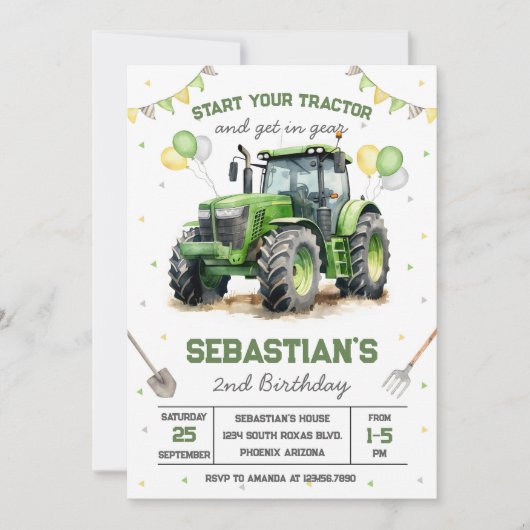 Green Tractor Boy Birthday Invitation 招待状 (正面)