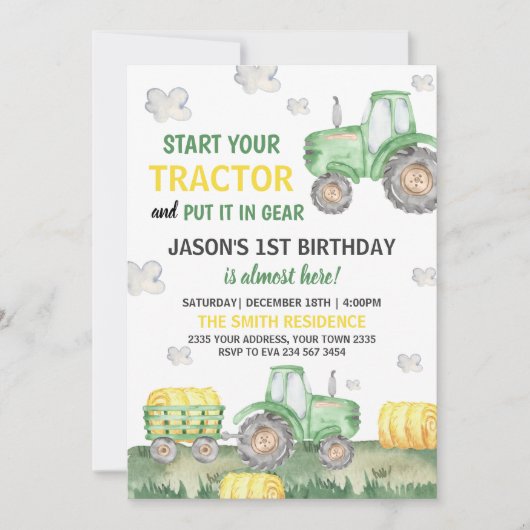 Green Tractor Farm Boy Birthday Party 招待状 (正面)