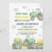 Green Tractor Farm Boy Birthday Party 招待状 (正面/裏面)