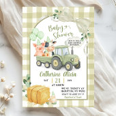 Green Tractor Gingham Coquette Farm Baby Shower 招待状