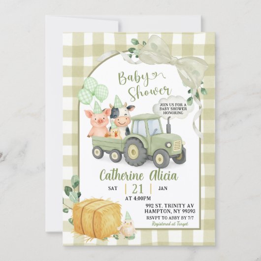 Green Tractor Gingham Coquette Farm Baby Shower 招待状 (正面)