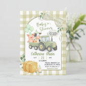 Green Tractor Gingham Coquette Farm Baby Shower 招待状 (スタンド正面)