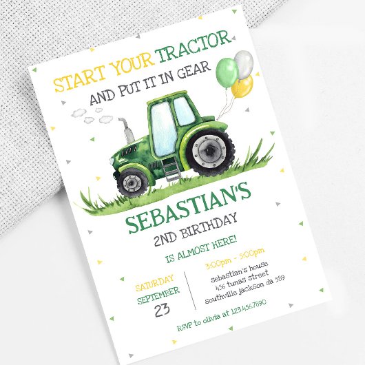 Green Tractor Kids Birthday Invitation 招待状