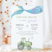 Green Tractor & Mermaid Siblings Joint Birthday 招待状