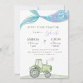 Green Tractor & Mermaid Siblings Joint Birthday 招待状 (正面)