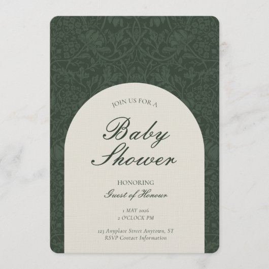 Green Traditional Floral Arts and Crafts Shower 招待状 (正面)