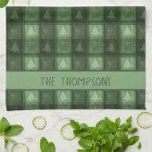 Green Tree Plaid With Custom Family Name Christmas キッチンタオル (折り畳み)